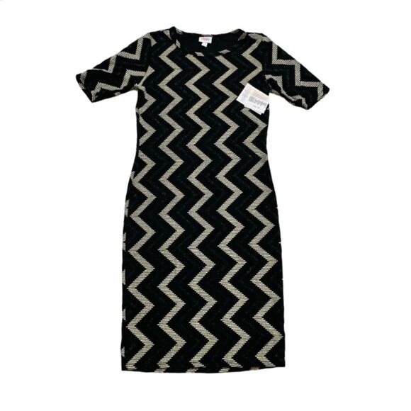 LuLaRoe Dress Julia Black Gold Glitter Chevron 1/2 Sleeve Elegant Medium NEW - Picture 11 of 12